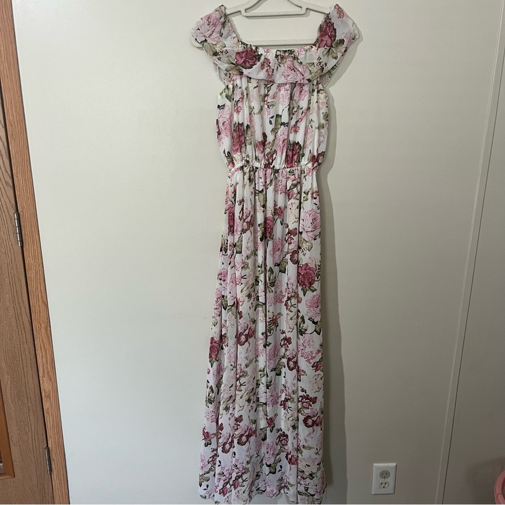 Girls White Maxi Dress with Pink Floral Print and Ruffle Neck